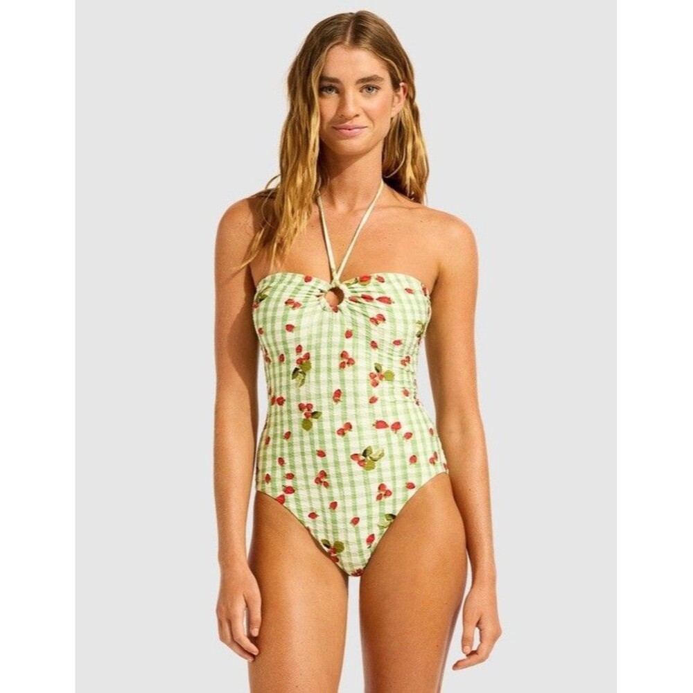 Seafolly One Piece Swimsuit Size 10 Beach Picnic Strawberry Green Gingham Halter